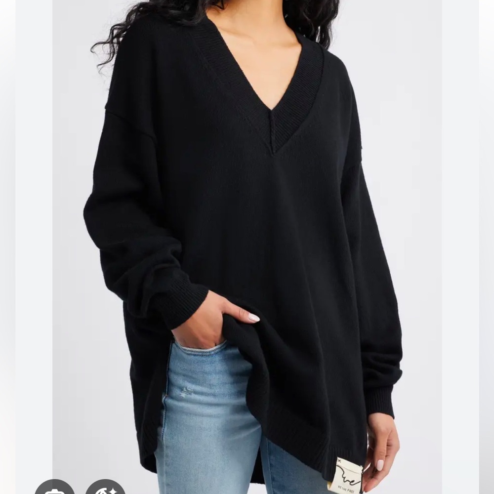 free people XS chelsea v neck tunic sweater black wool cotton relaxed minimal